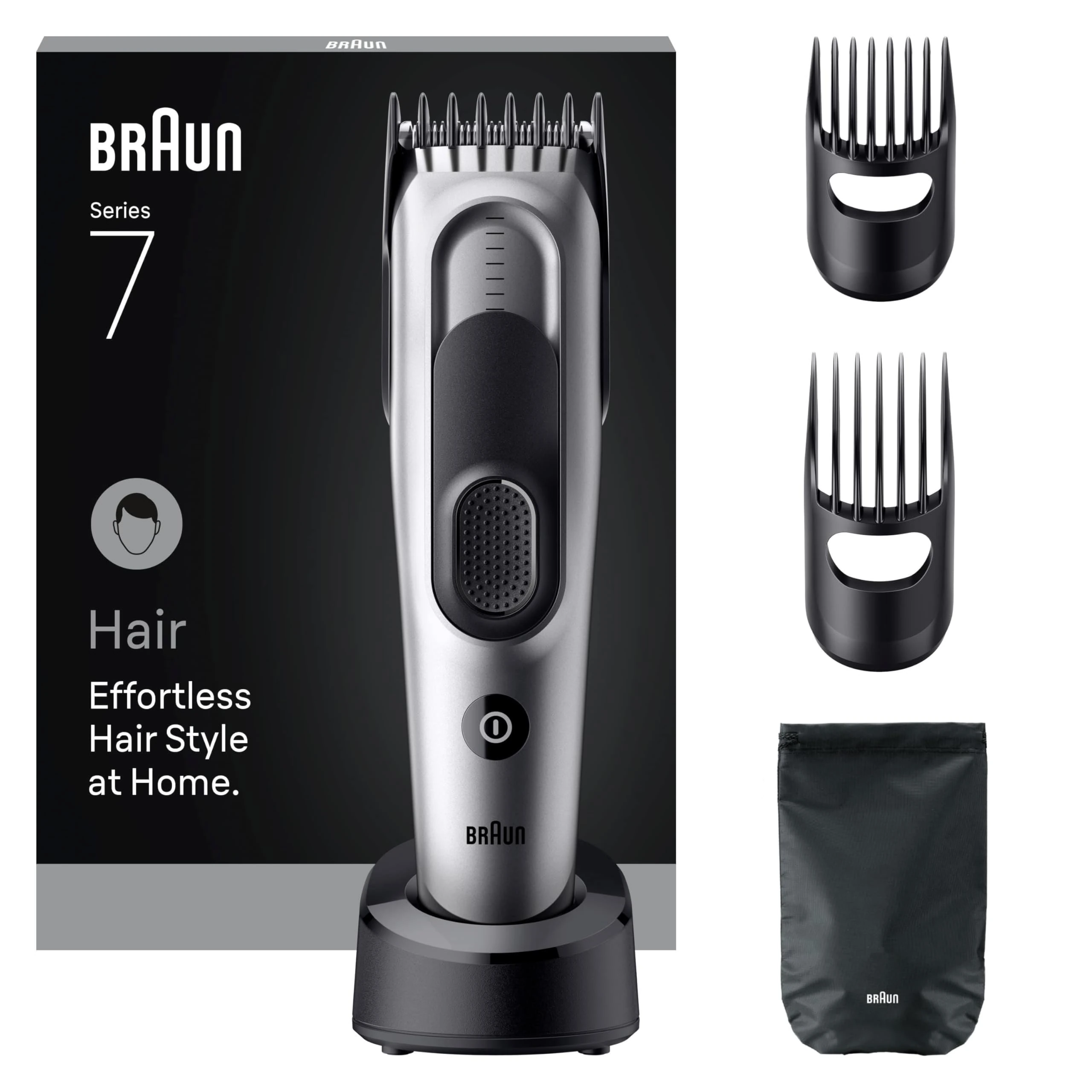 Braun Hair Clipper Series 7, Professional Men's Hair Clippers, 5+ Styling Tools, 17 Lengths, Lifetime Sharp Blade, 50 Min Runtime, Cordless, Washable, HC7590 - Grey