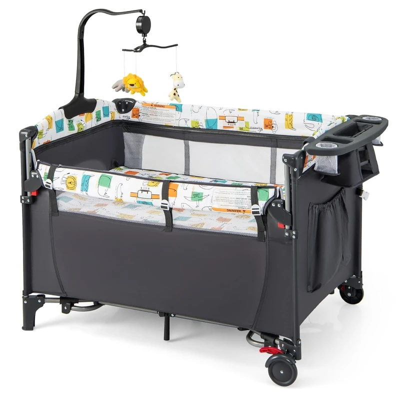 GYMAX 5 in 1 Folding Travel Cot, Portable Baby Bed Playard (Grey)