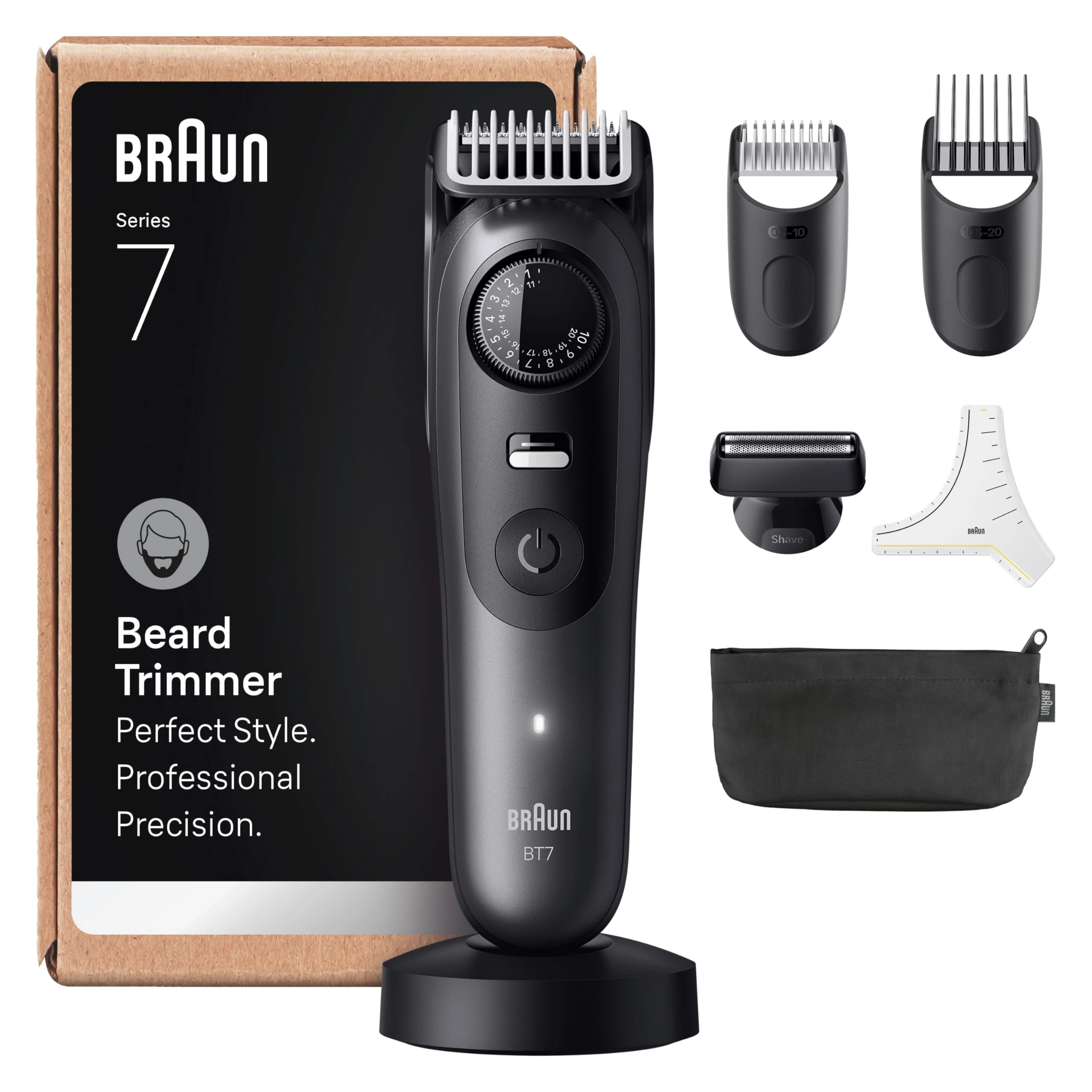 Braun Beard Trimmer Series 7, +7 Barbering Tools, Mens Beard Trimmer with Lifetime Sharp ProBlade, Up to 120 Min Runtime, 40 Lengths, Waterproof, PrecisionWheel & Lock, BT7525, Grey