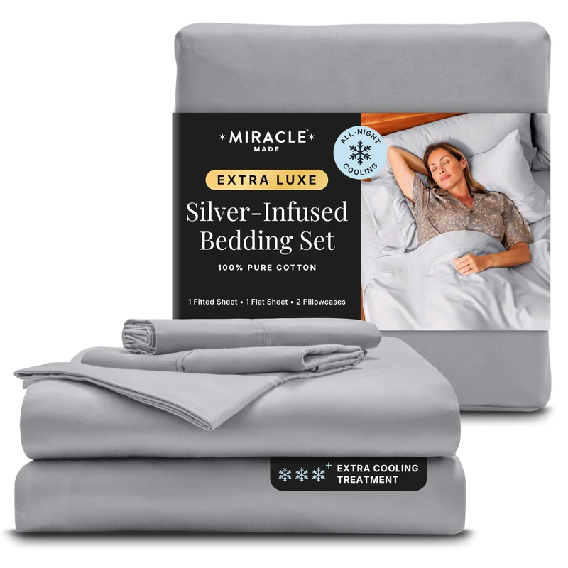 Miracle Made - Newly Improved Extra Luxe Cool IT - True Grip Fitted Bed Sheet - Silver Grey,Queen - 4 Piece Silver Infused, 300-Thread-Count Fabric