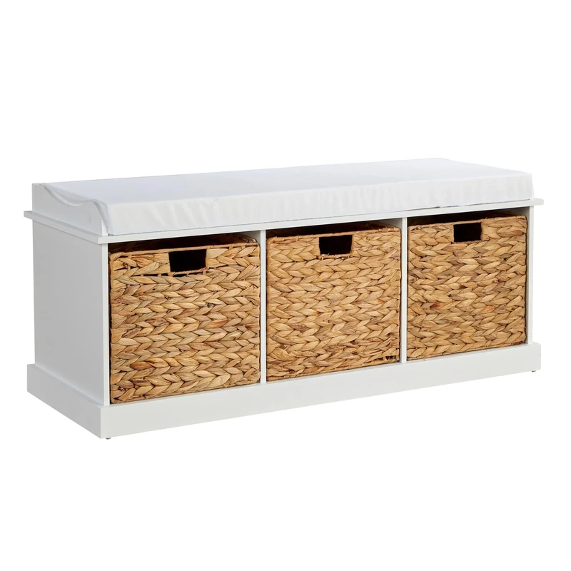Home Source Hallway Shoe Storage Wooden Bench, 3 Water Hyacinth Basket Drawers, Cushioned Padded Seat, White
