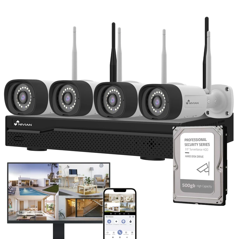 NIVIAN SuperHD Professional WiFi Surveillance Camera Kit with 4 IP Cameras and Recorder with Hard Drive 500GB 16CH - for Home and Business - Night Vision, AI Human Detection, Two-Way Audio