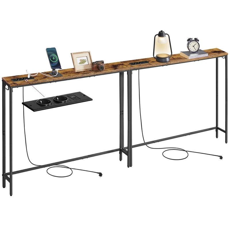 VASAGLE Set of 2 Console Tables with Charging Station, Slim Behind Sofa Tables, 15 x 100 x 80 cm, 2 Hooks, Easy Assembly, for Hallway, Living Room, Rustic Brown and Ink Black LNT078K02