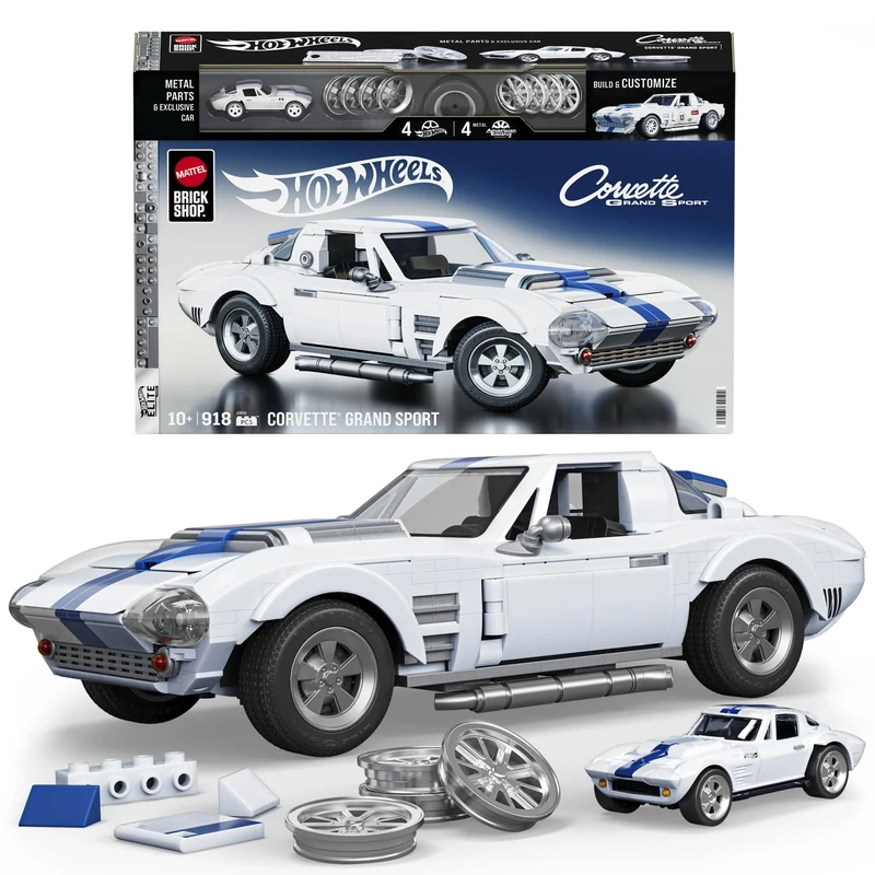 Mattel Brick Shop Hot Wheels Elite Series Building Set, Corvette Grand Sport with 918 Pieces, Realistic Details and Custom Decals, Adult Collectors and Kids Ages 10+, JGR31