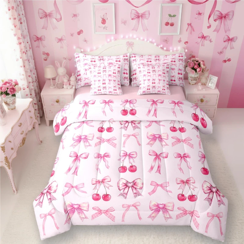 Pink Cherry Bow Bed in a Bag Queen Comforter Set 7 Piece,Cute Silk Ribbon Bowknot Bedding Set,Princess Bow Tie Comforter and Sheet Set Dreamy Kawaii Bed Set,Girly Light Pink Room Decor Aesthetic