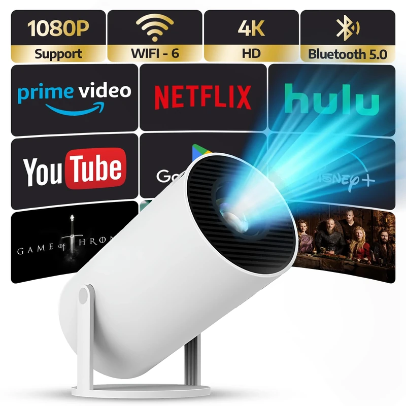 Projector with WiFi 6 & Upgraded Bluetooth Mini Smart Portable Cinema 4K HD 1080P Outdoor Screen Movie Home TV Android PC Monitor 180° Gaming