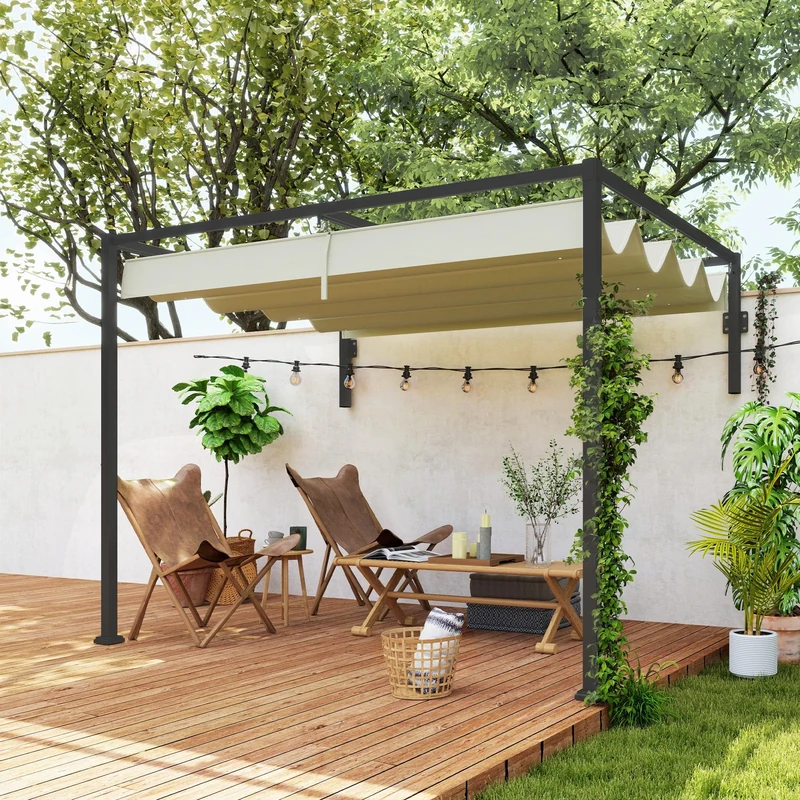 Outsunny 2 x 3(m) Lean To Pergola with Retractable Roof, Wall Mounted Garden Gazebo Outdoor Sun Shade Shelter for Patio, Khaki