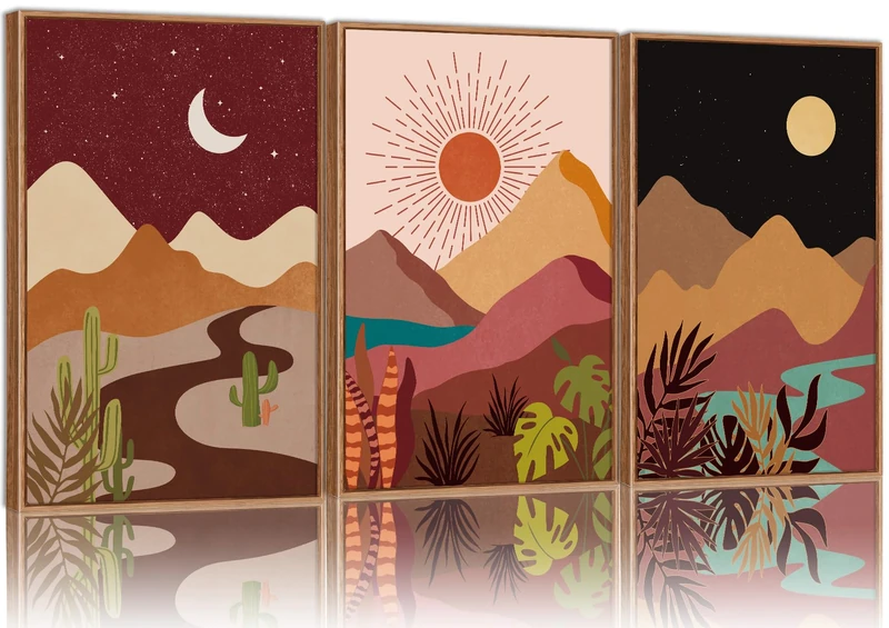 SIGNINART Boho Desert Framed Canvas Wall Art Set of 3, Colorful Sun and Moon Art Prints, Bohemian Modern Cactus Art Paintings, Southwestern Landscape Wall Decor for Living Room, Bedroom, Office