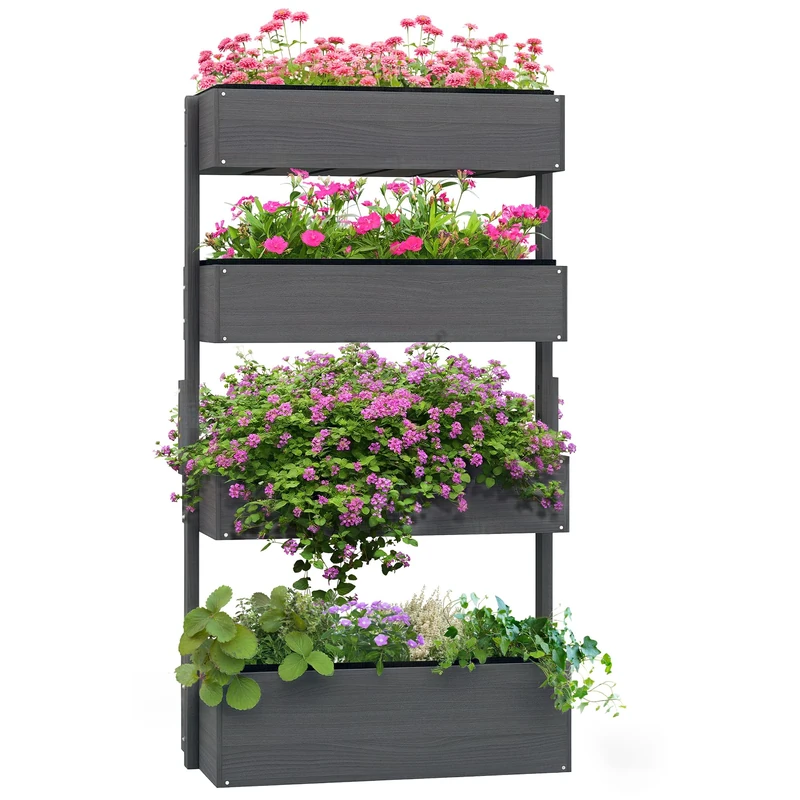 Outsunny 80cm x 45cm x 142cm 4-Tier Raised Garden Bed, Fir Wood Vertical Planter Box, Freestanding Elevated Plant Stand for Indoor Outdoor Use, Grey