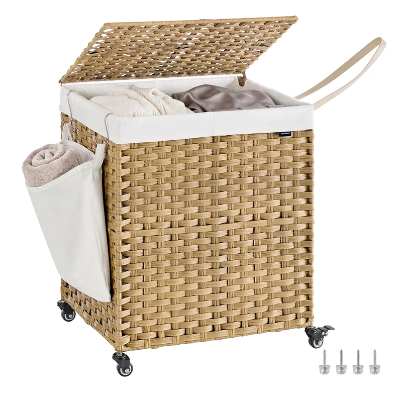 SONGMICS Laundry Basket with Lid, 145 L, Rolling Laundry Hamper with Wheels, 2-Compartment Synthetic Rattan, Removable Liner, for Laundry Room, Bedroom, 56 x 40 x 66 cm, Natural LCB262Y01 - Image 1