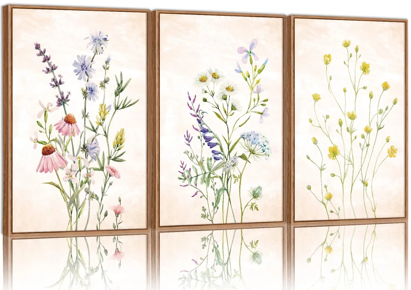 SIGNINART Watercolor Wildflower Framed Canvas Wall Art Set of 3, Boho Botanical Floral Wall Decor, Colorful Minimalist Plant Art Prints for Farmhouse Living Room, Bedroom, Office, Bathroom 16"x24"