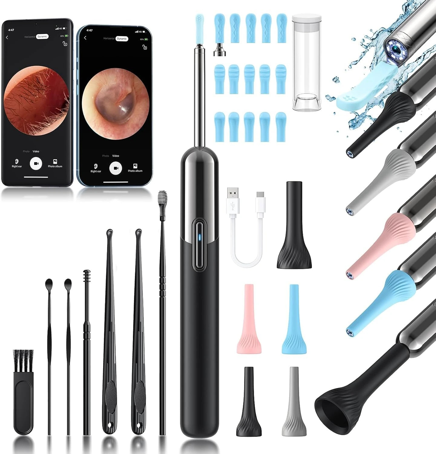 Qimic Ear Wax Remover Otoscope, WiFi Ear Cleaner with Camera, IP67 Waterproof Ear Endoscope, 360° Wide Angle Otoscope Camera with 6 LEDs for iPhone, Android Smartphones and iPad