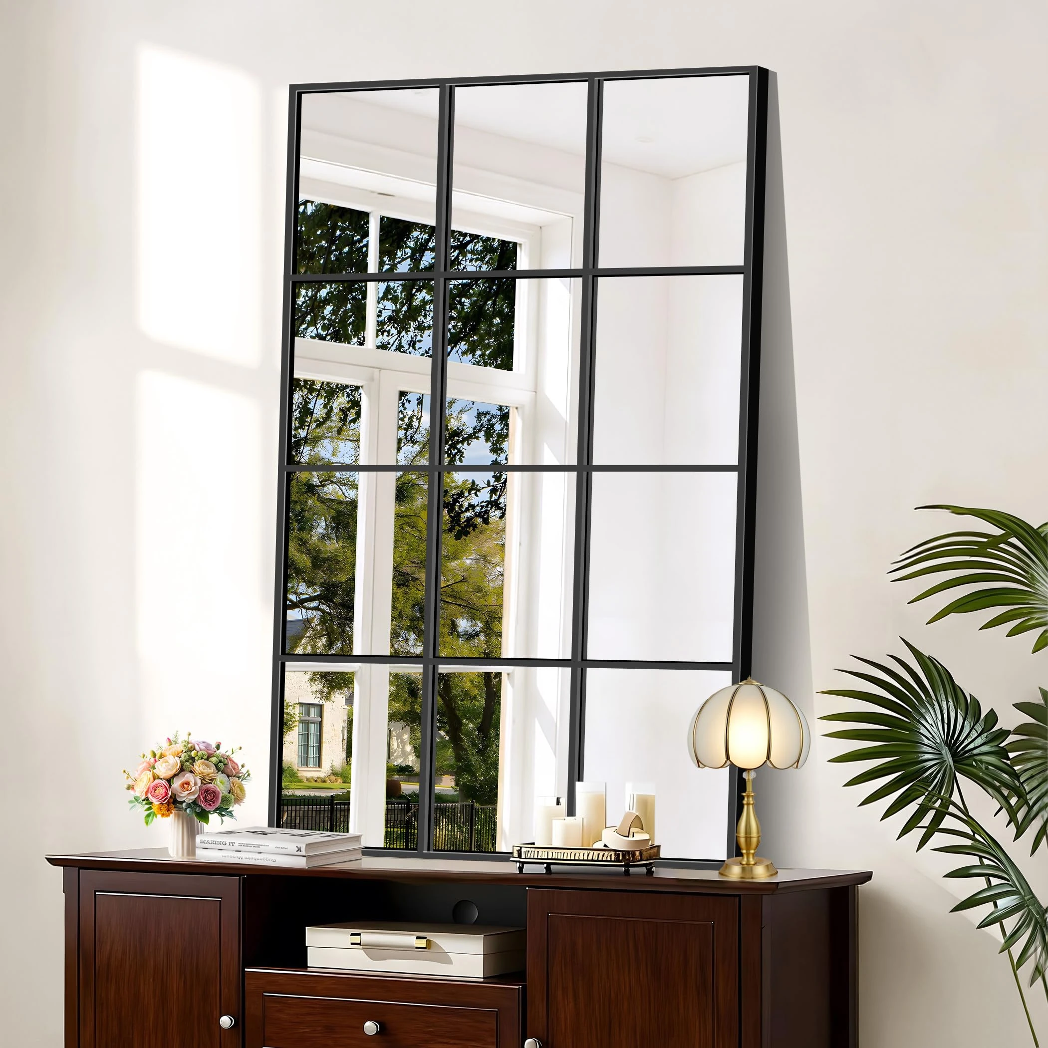 YIROMAN Window Pane Mirror, 30x48 Inch Black Rectangular Mirrors for Wall Mounted Decor, Large Window Metal Framed Mirror for Bedroom Living Room Fireplace Entryway, Hanging or Leaning Against Wall