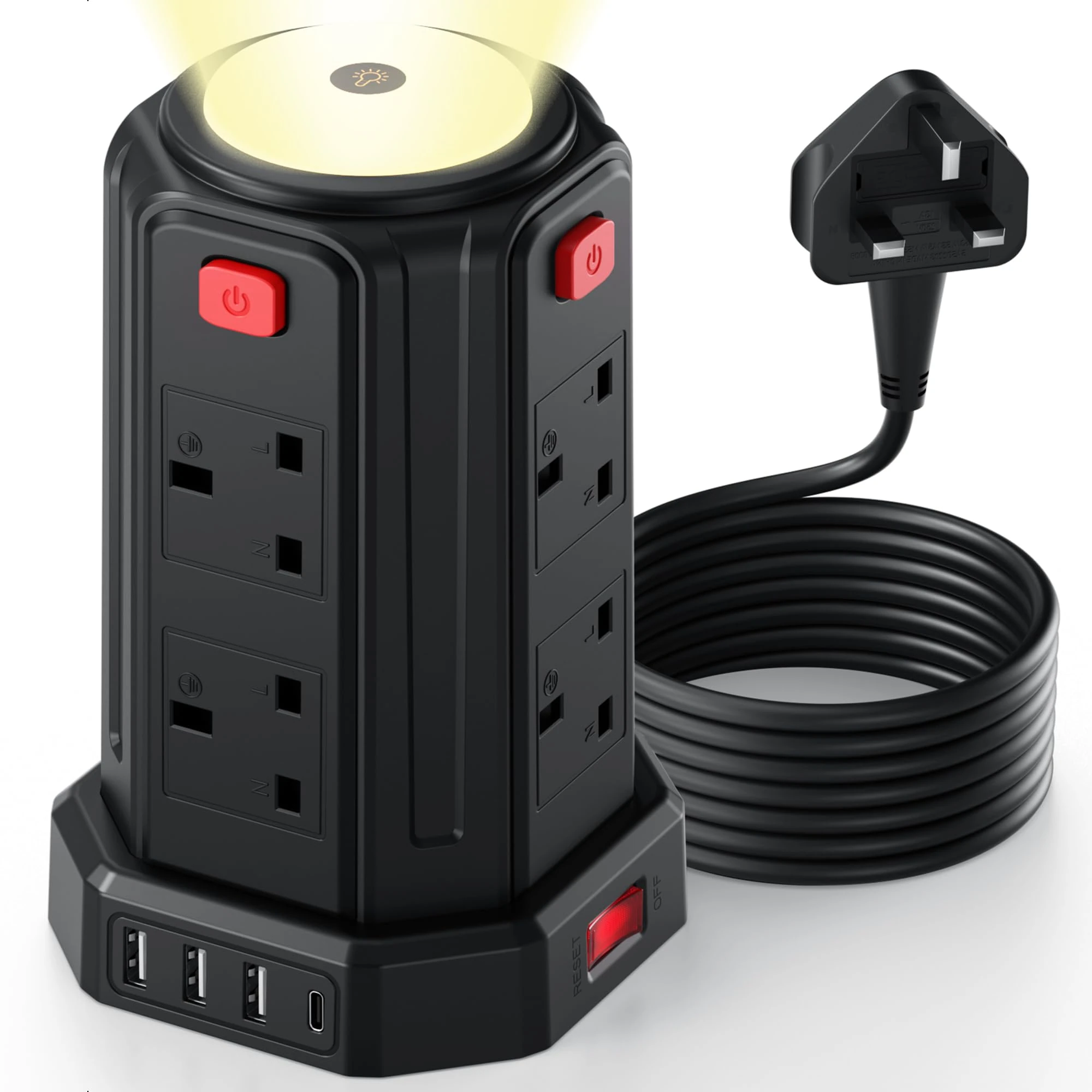Tower Extension Lead 3M, (3250W 13A) Extension Tower with Night Light 8 AC Outlets & 4 USB Ports Surge Protection Extension Lead with 4 Independent Switch, Extension Cable 3M for Office, Home