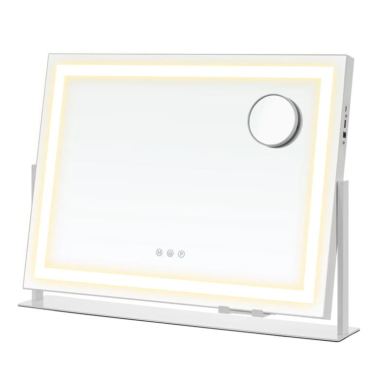 SONGMICS Makeup Mirror with Lighting, 58 x 43 cm, Cosmetic Mirror with 15 LED Bulbs, with Charging Ports, Touch Control, 3 Light Colours, Dimmable, Mobile Phone Holder, Matte White LWM002W02