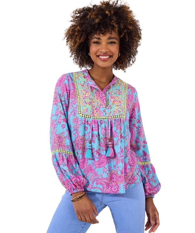Joe Browns Women's Bold Floral Embroidered Tassel Top Blouse, Blue, 10