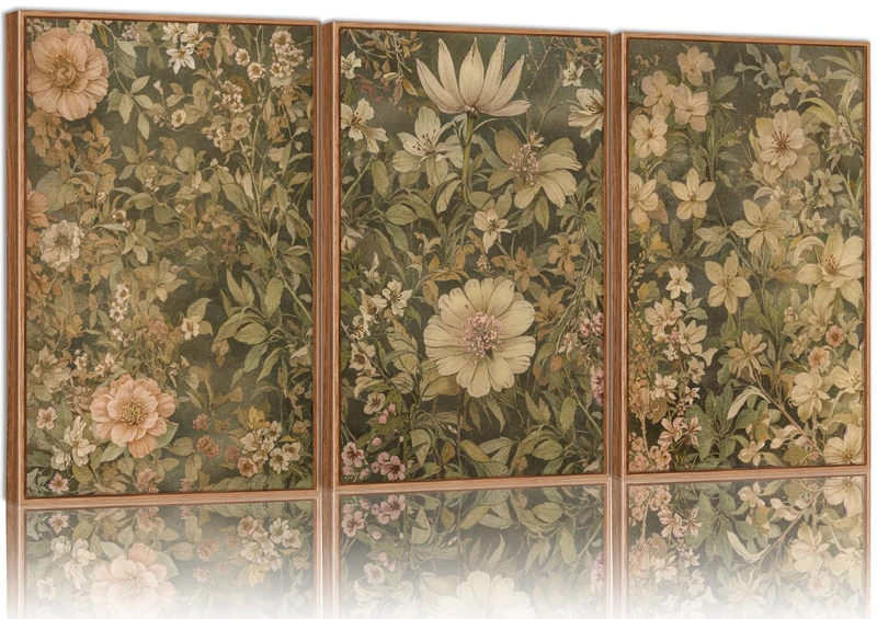 SIGNINART Vintage Floral Framed Canvas Wall Art Set of 3, Mid Century Modern Wildflower Wall Decor, Neutral Botanical Artwork, Retro Plant Art Prints for Bedroom, Living Room, Office 16"x24"