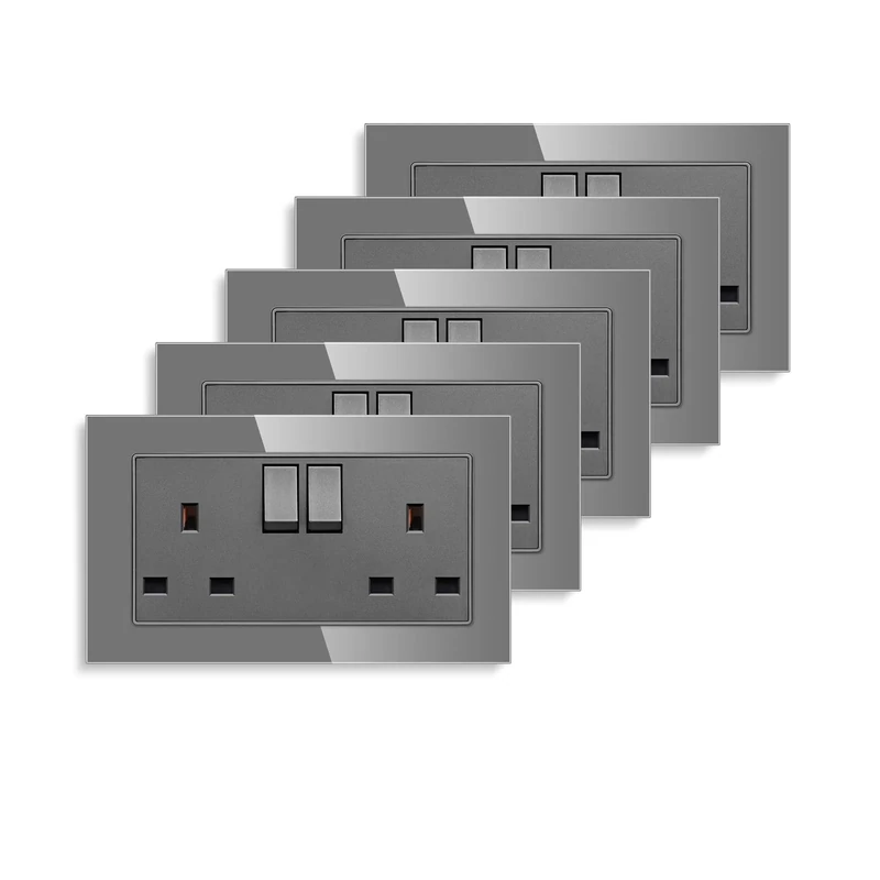 5 Pack CNBINGO Double Switched Socket, 13 Amp Electric Power Socket, Tempered Glass Wall Panel Outlet