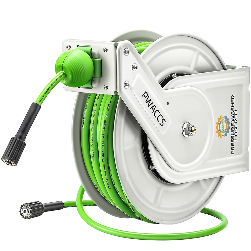 PWACCS Retractable Pressure Washer Hose Reel, 1/4" x 60ft Heavy Duty Power Washer Hose Reel, High Pressure Reel Auto Rewind, Wall/Floor Mounted, 3600 PSI