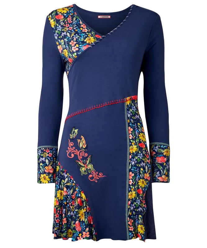 Joe Browns Women's Fashion Blanket Stitch Floral Embroidered Panelled Jersey Tunic, Regular Fit, Blue, UK 16