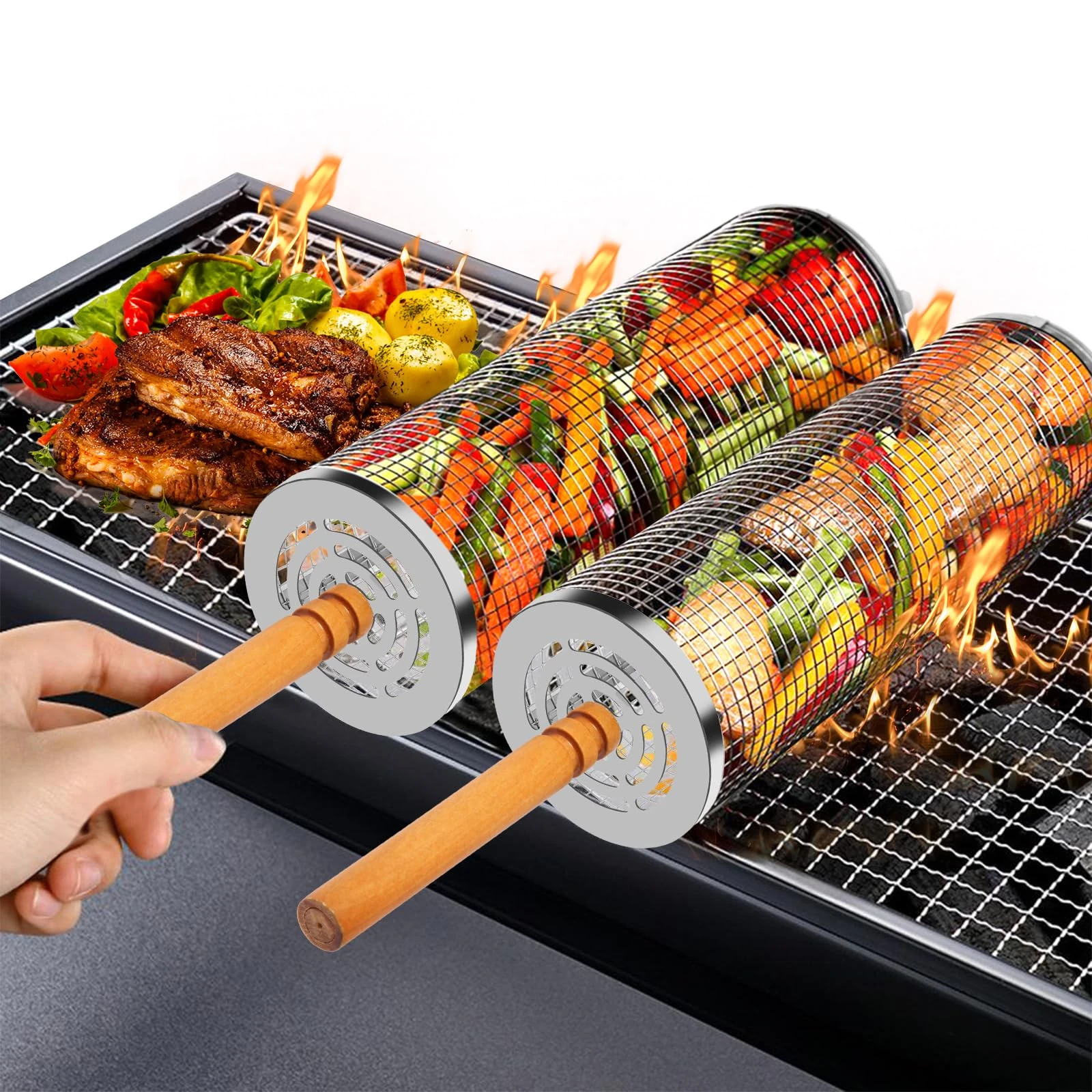 2 pcs Rolling Grill Basket with Removable Wooden Handles, 304 Stainless Steel Rolling Barbecue Utensils Tool Sets BBQ Accessories Tools for Vegetables Shrimp, Outdoor Cooking, Gifts for Men Dad