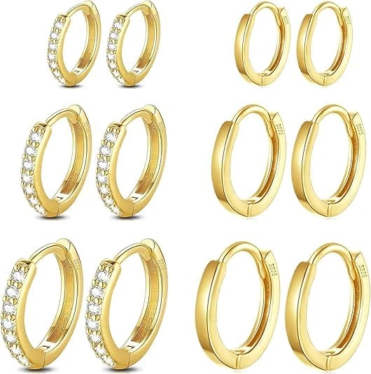 6 Pairs 925 Sterling Silver Women'S Small Hoop Earrings, 14k Real Gold Hypoallergenic Small Cubic Zirconia Cartilage Huggie Earring Set For Many Piercings Fashion Jewelry 8/10/12mm, S, Silver, No