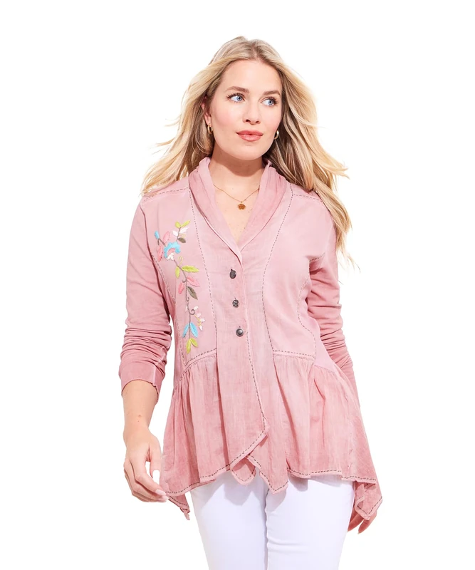 Joe Browns Women's Floral Embroidered Button Through Jersey Top Shirt, Pink, 12