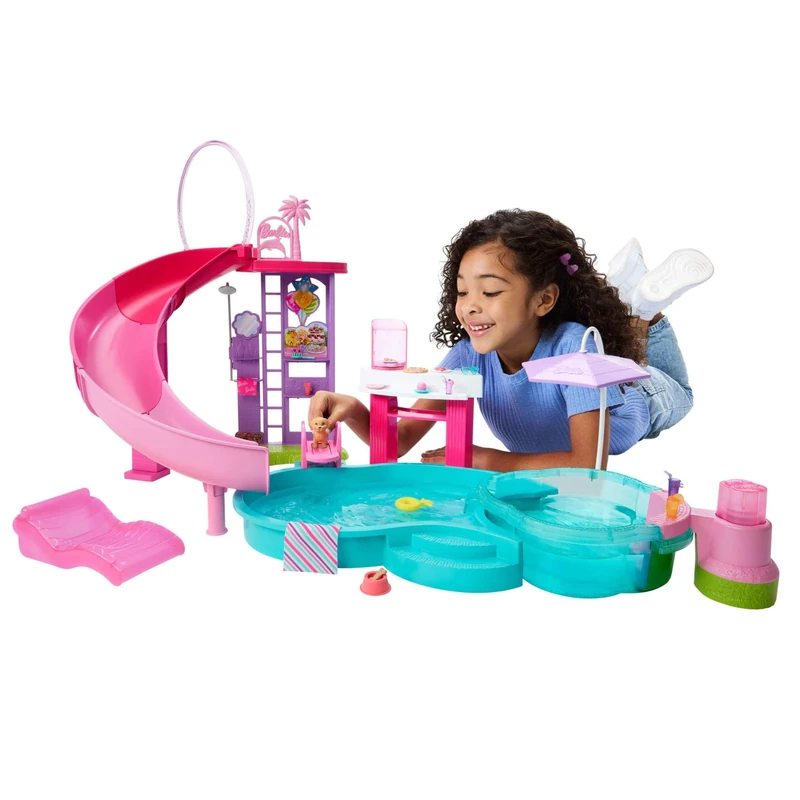Barbie Dream Pool Playset with 6 Play Areas, Including Slide & Bubbling Hot Tub, Plus 20+ Accessories Like Pet, Floaties & More, JKG83