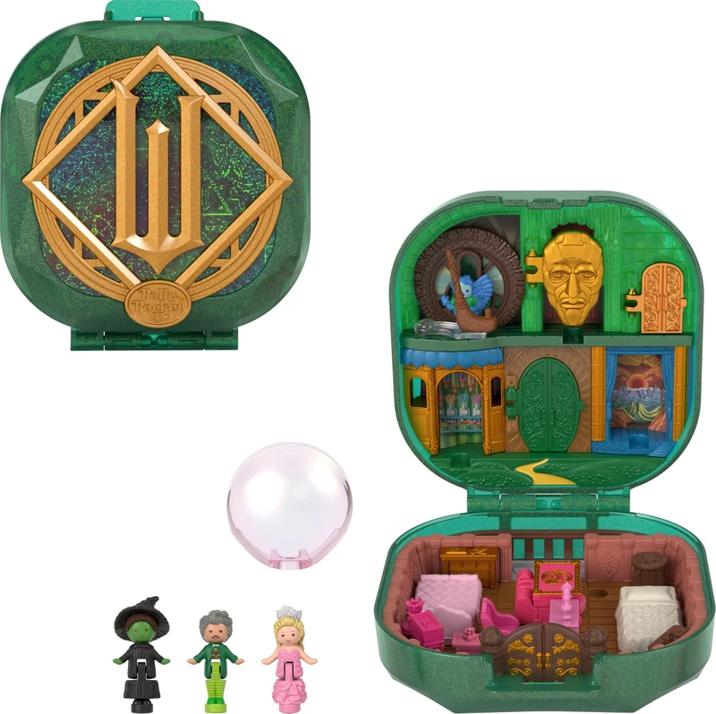Polly Pocket x Wicked Collector Compact, Micro Dolls and Playset, 2 Themed Accessories, Iconic Shiz & Oz Locations, Glinda, Elphaba, & The Wizard, JFV04