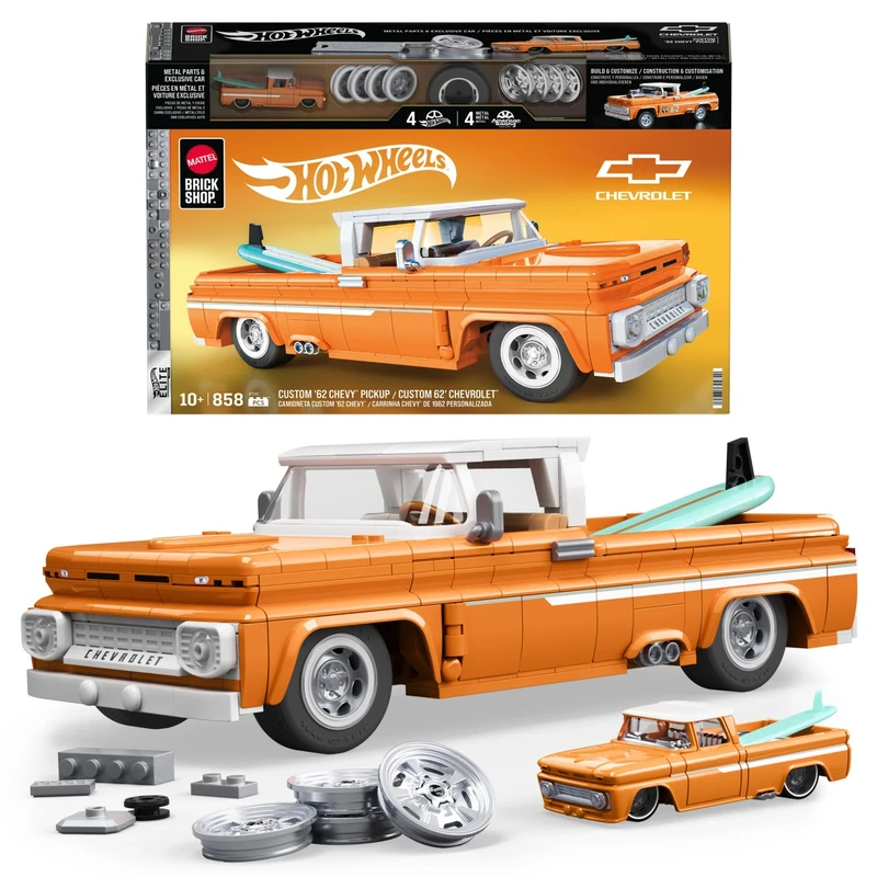 Mattel Brick Shop Hot Wheels Elite Series Building Set, Custom ’62 Chevy Pickup with 858 Pieces, Realistic Details and Custom Decals, Adult Collectors and Kids Ages 10+, JFT20