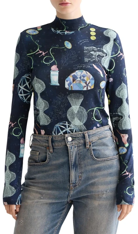 Scotch & Soda Women's All Over Printed Slim-Fit Ls T-Shirt, Black Mountain U024, M