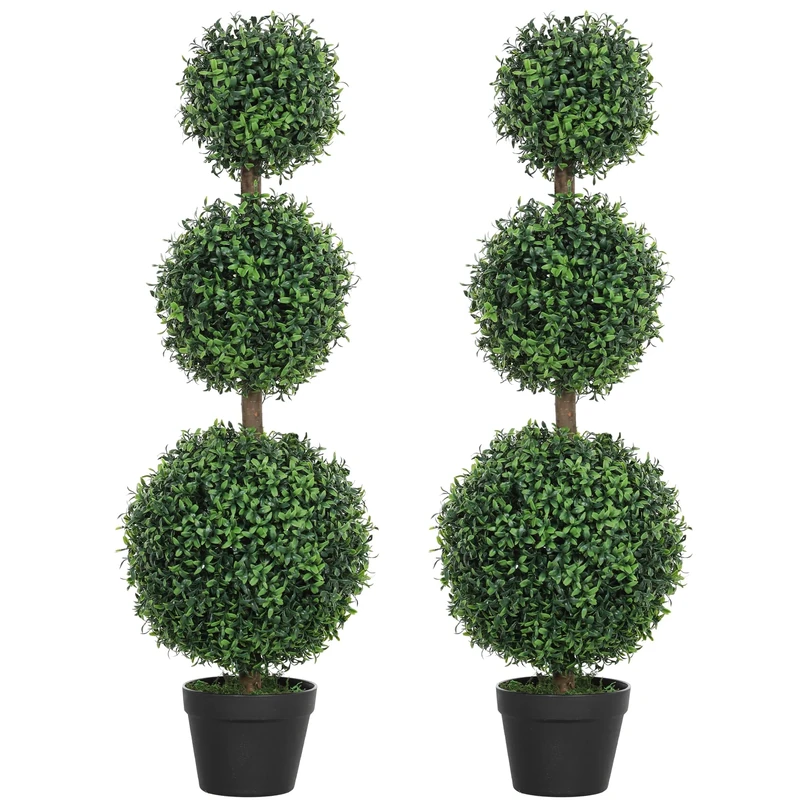 HOMCOM Set of 2 Decorative Artificial Trees, Topiary Ball-shaped Boxwood Trees in Pot, Fake Plants for Home Indoor outdoor Decor, 100cm, 3 Tree Balls