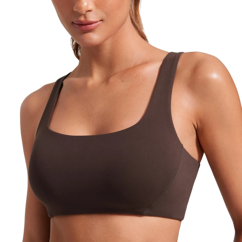 CRZ YOGA Womens Butterlift V-Shaped Racerback Sports Bras - Square Neck Double Lined Sports Bra Wireless Workout Yoga Bra Hot Fudge Brown 10