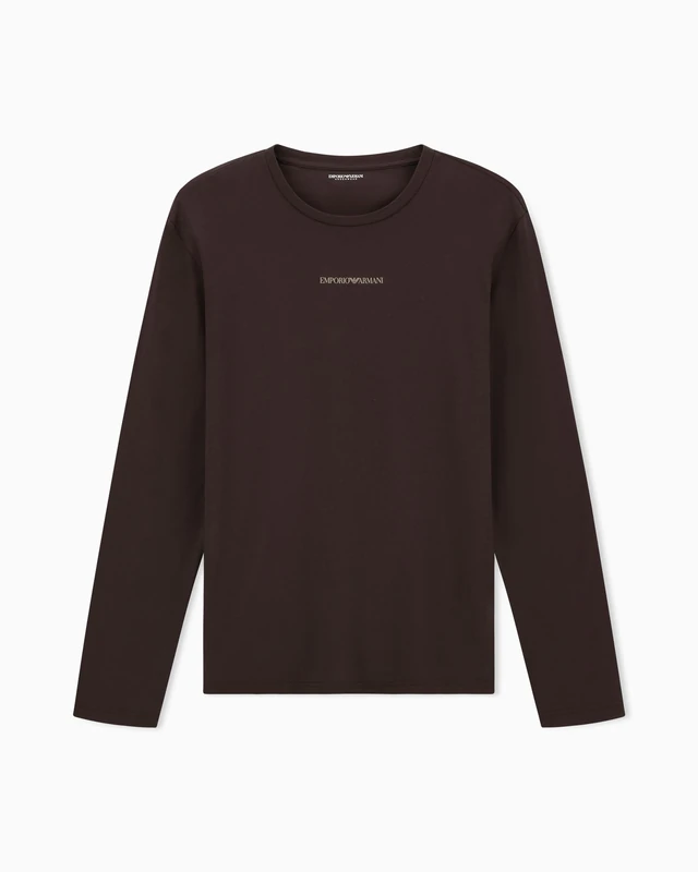 Man's Stretch Piquet Long Sleeve Crew Neck T-Shirt Brown L Fitted FIT