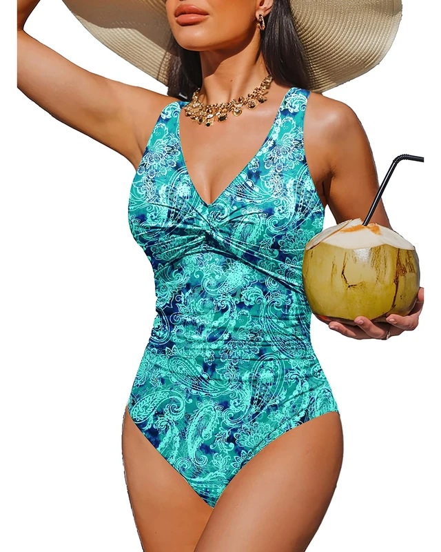 Holipick Women Tummy Control One Piece Swimsuit - Push Up Bathing Suit Full Coverage Slimming Swimwear, Green Paisley, Medium