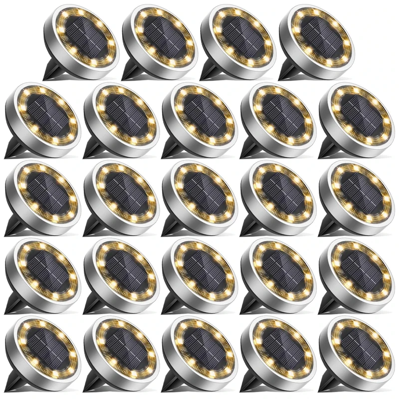 vighep Solar Lights Outdoor Garden, 24 Pack Super Bright Led Solar Ground Lights, IP65 Waterproof Disk Light, Flat Pathway Lighting for Garden Lawn Patio Deck Walkway Landscape-Warm White