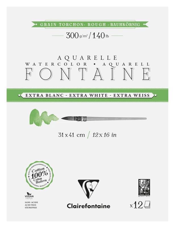 Clairefontaine 976082C 4-Sided Glued Pad Fontaine Extra White Torchon Grain 31x41cm 300g - 15 Sheets Extra White Watercolour Paper 100% Cotton - Quality