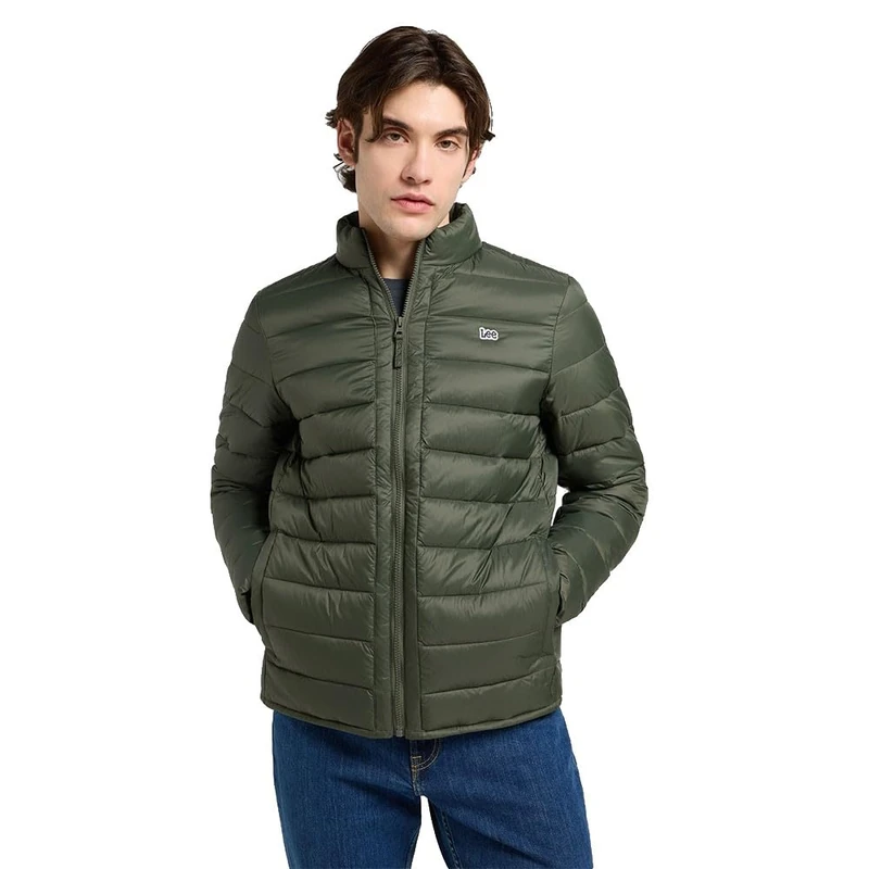 Lee Men's Stand Collar Puffer Jacket, Olive grey, M