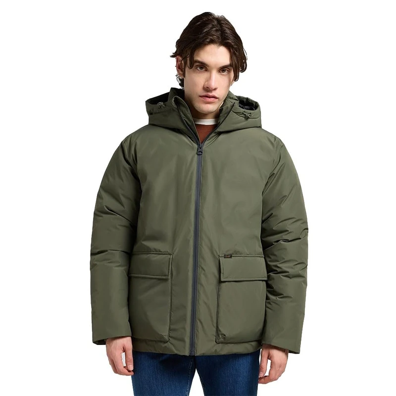 Lee Men's Hooded Short Puffer Jacket, Olive Grey, M