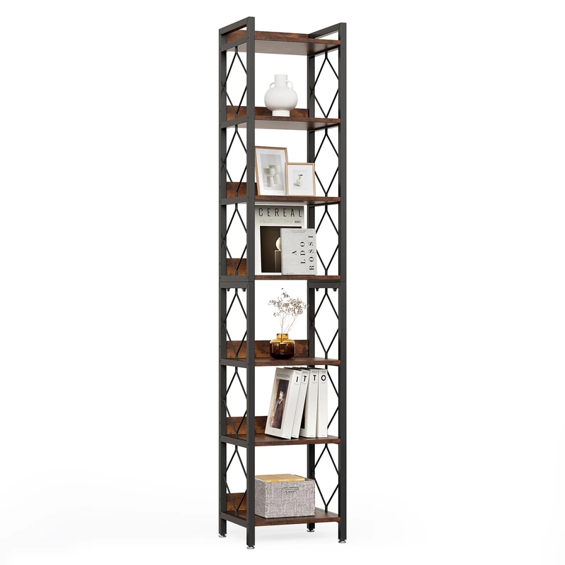 LITTLE TREE 7-Tier Bookcase, Bookshelf, Metal Shelving Unit, 35 x 35 x 200 cm, Industrial, Tall Freestanding Bookcases for Living Room, Home Office, Bedroom, Rustic Brown and Ink Black