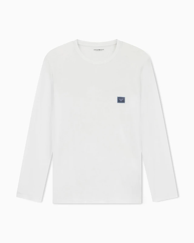 Man's Shiny Logoband Long Sleeve Crew Neck T-Shirt White M Slim FIT