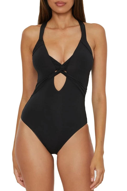 BECCA Women's Color Code Twist Cut-Out One Piece Swimsuit, Plunge Neck, Adjustable, Tie Back, Bathing Suits, Black (A), Large
