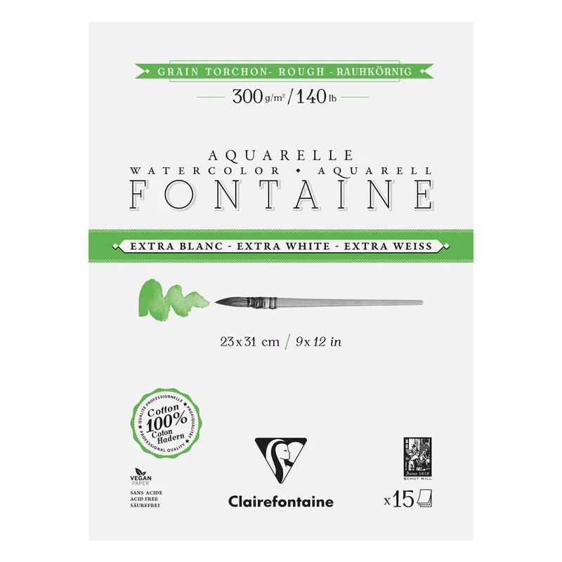 Clairefontaine 976080C 4-Sided glued pad Fontaine Extra White Torchon Grain 23x31cm 300g - 15 Sheets of Extra White 100% Cotton Watercolour Paper - Quality