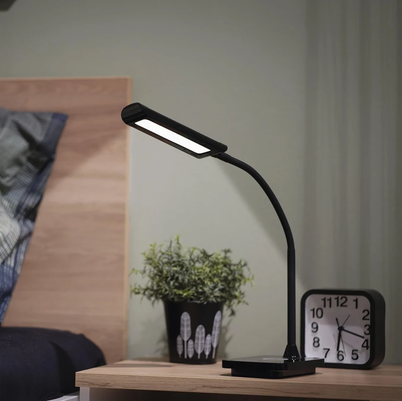 EMOS Kyle LED Table Lamp 5.5 W, Brightness 300 lm, Mobile Phone Charging with USB or Wireless, Timer, Dimmable, Adjustable Light Colour (3000-4500 K), High CRI (>90), 1.5 m Charging Cable with 12 V/2