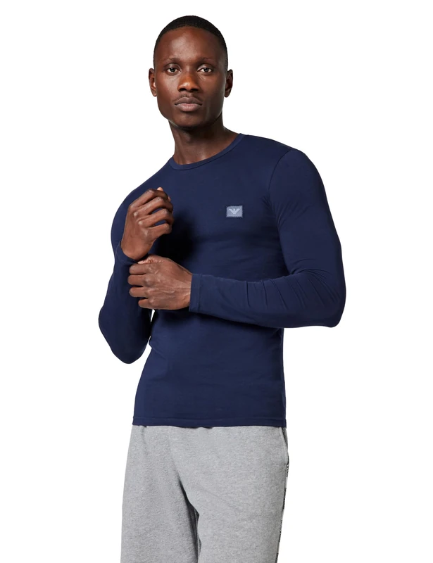 Man's Shiny Logoband Long Sleeve Crew Neck T-Shirt Blue L Slim FIT