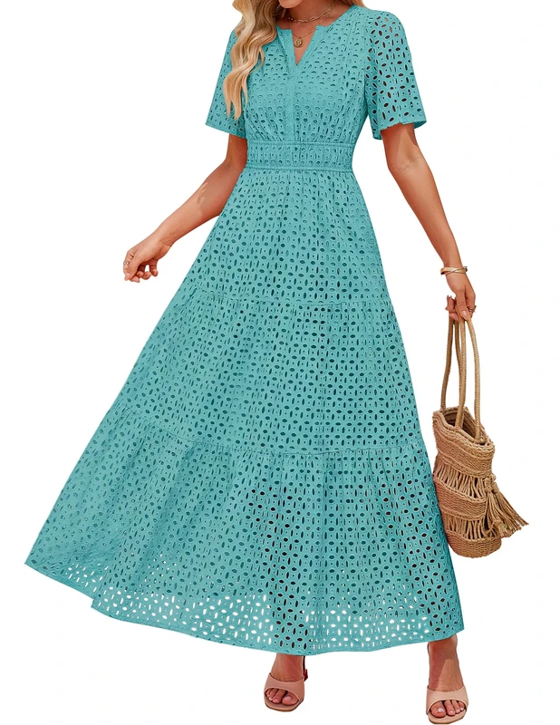 ZESICA Women's 2025 Summer Short Sleeve Maxi Dress Casual V Neck Hollow Out Eyelet Ruffle Swing A Line Long Dresses, Aqua, M - Image 1