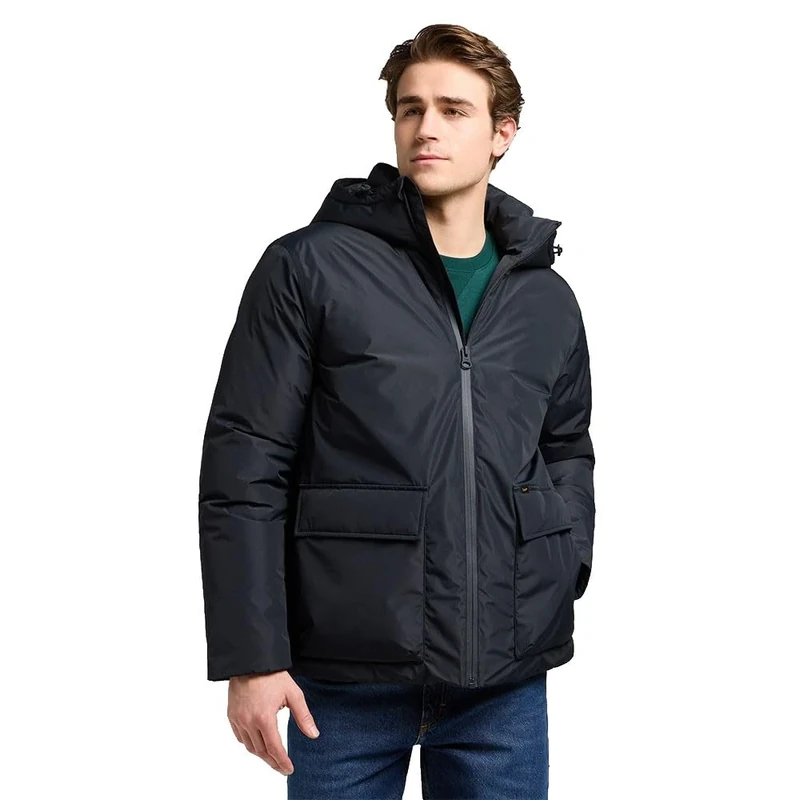 Lee Men's Hooded Short Puffer Jacket, Black, XL
