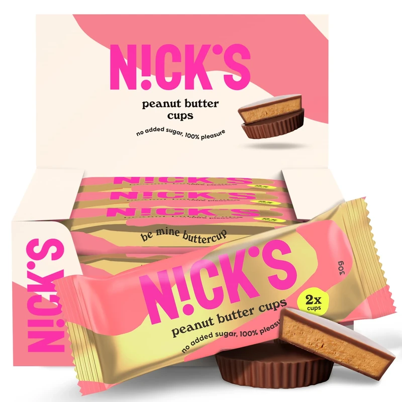 NICKS Peanut Butter Cups, Low Carb Sweet Chocolate Coating Filled With Rich Peanut Cream, 1.8 Net Carbs, 1.1g Sugar per cup, Keto Snack No Added Sugar Gluten Free Without Palm Oil 12-Pack of 30g (2x1)