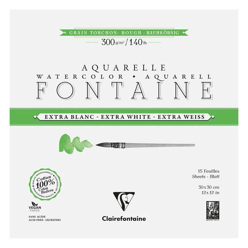 Clairefontaine 976086C Fontaine Extra White Torchon Grain 30x30cm 300g 4-Sided Glued Pad - 15 Sheets of Extra White 100% Cotton Watercolour Paper - Professional