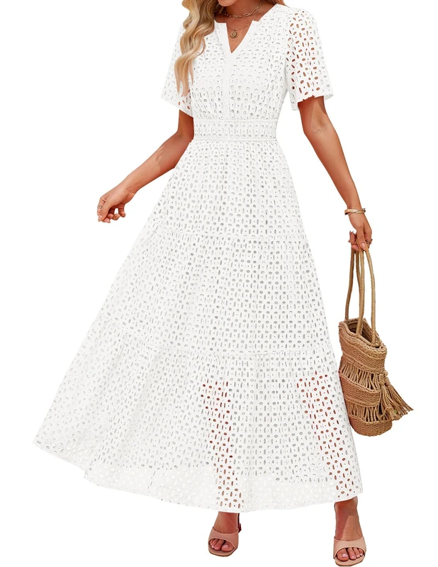 ZESICA Women's 2025 Summer Short Sleeve Maxi Dress Casual V Neck Hollow Out Eyelet Ruffle Swing A Line Long Dresses, White, M